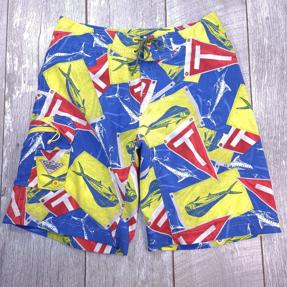 Columbia PFG Board Shorts Mens 32 Blue Yellow Pull On Swim Surf Beach Trunks